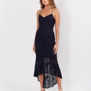 Elegant Navy Lace Midi Dress
